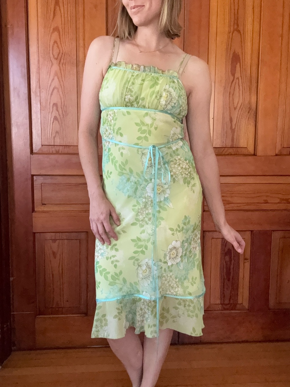 Studio Y Floral Light Green with Blue Trim Midi Dress